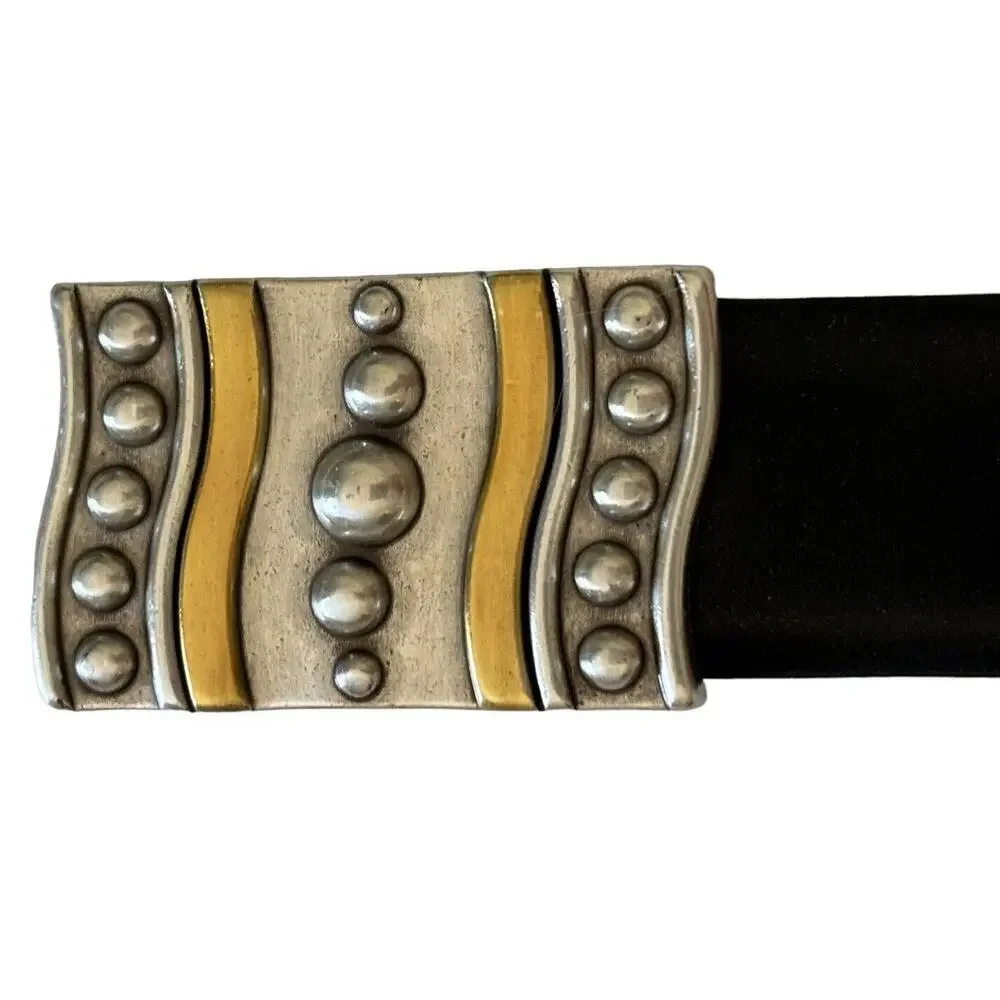 CHICO'S Women's Black Leather Large Circle Buckle Belt Size S/M With Hook